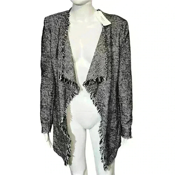 NWT AKRIS Punto Black & White Tweed Fringed Waterfall Front Open Jacket 6 $1490 - Picture 3 of 16